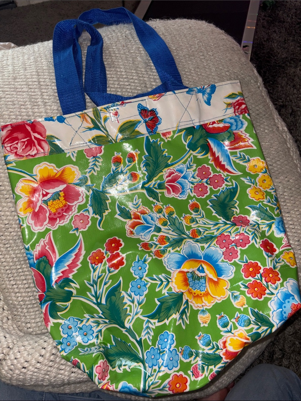 Floral Green Vinyl Tote Bag with Blue Handles